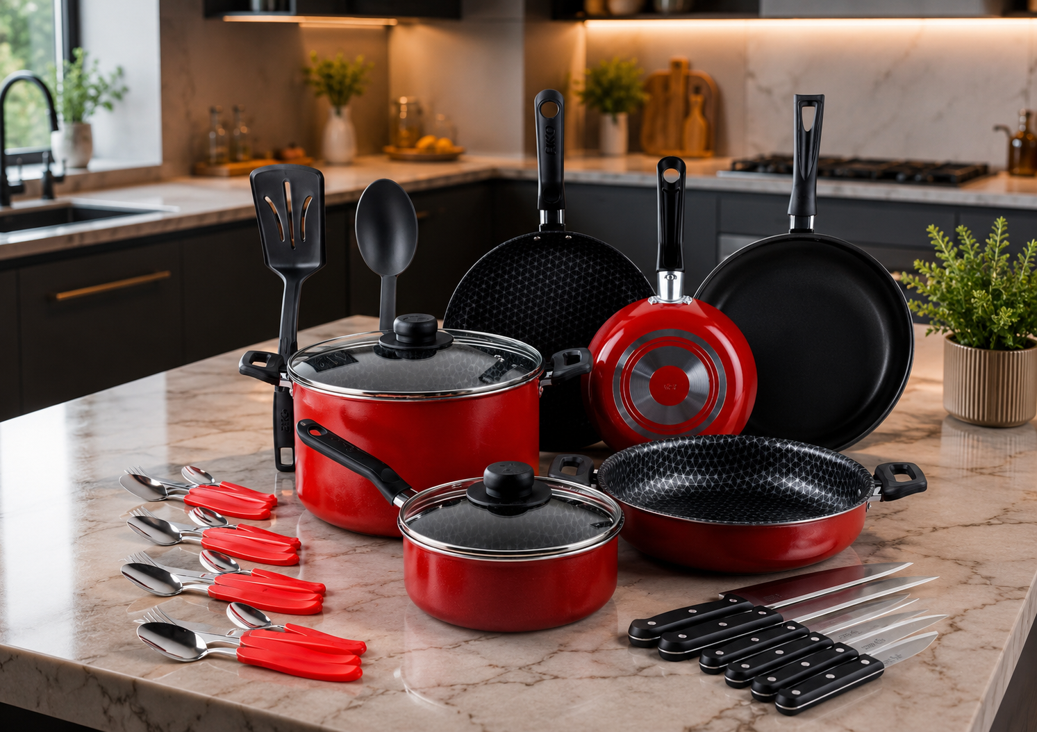 Kit de Cocina EKCO de 32 piezas en color rojo con ollas, sartenes, cubiertos y cuchillos