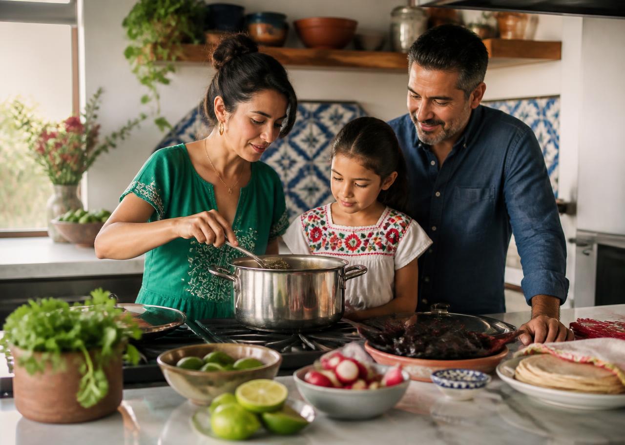 Familia mexicana cocinando en casa con una olla EKCO